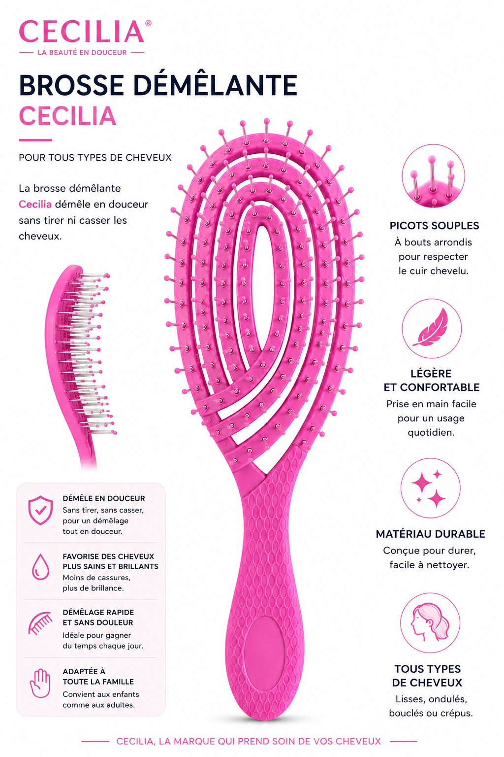 CECILIA - BROSSE CHEVEUX DETANGLER OVALE ROSE HH2394