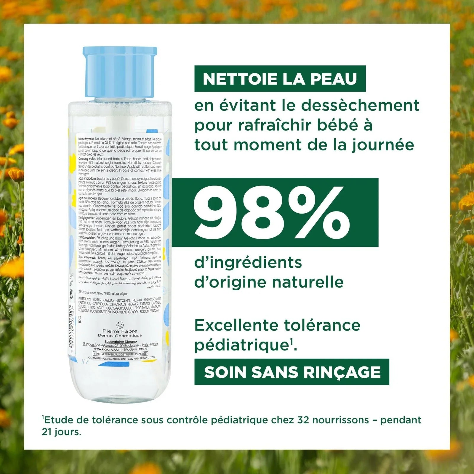 KLORANE - BEBE EAU NETTOYANTE SANS RINÇAGE 500ML