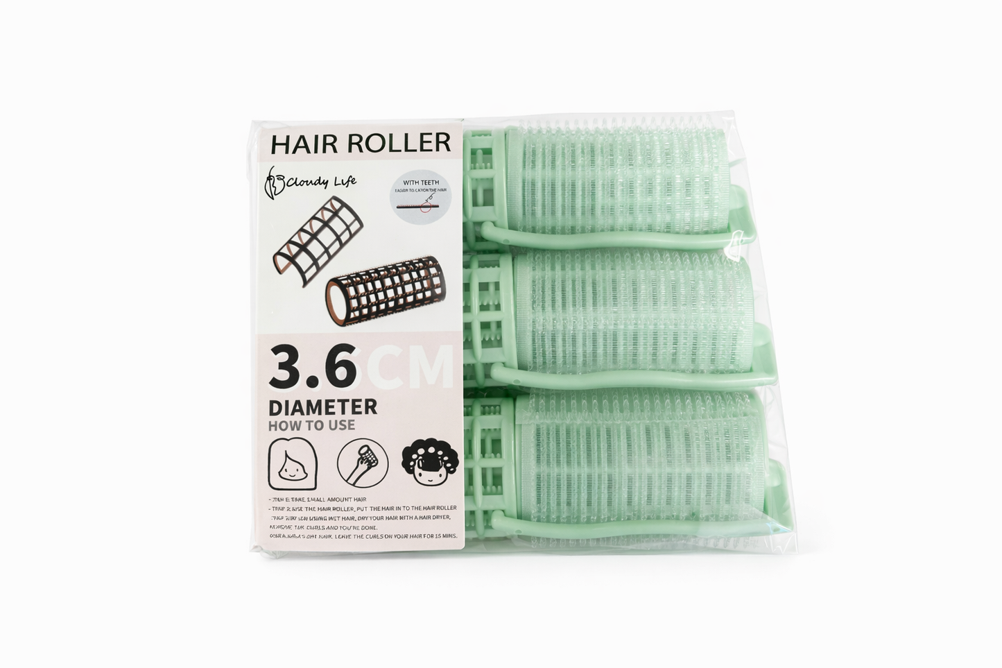 CLOUDY LIFE - HAIR ROLLER 3,6 CM DIAMETER WITH TEETH VERT CL361