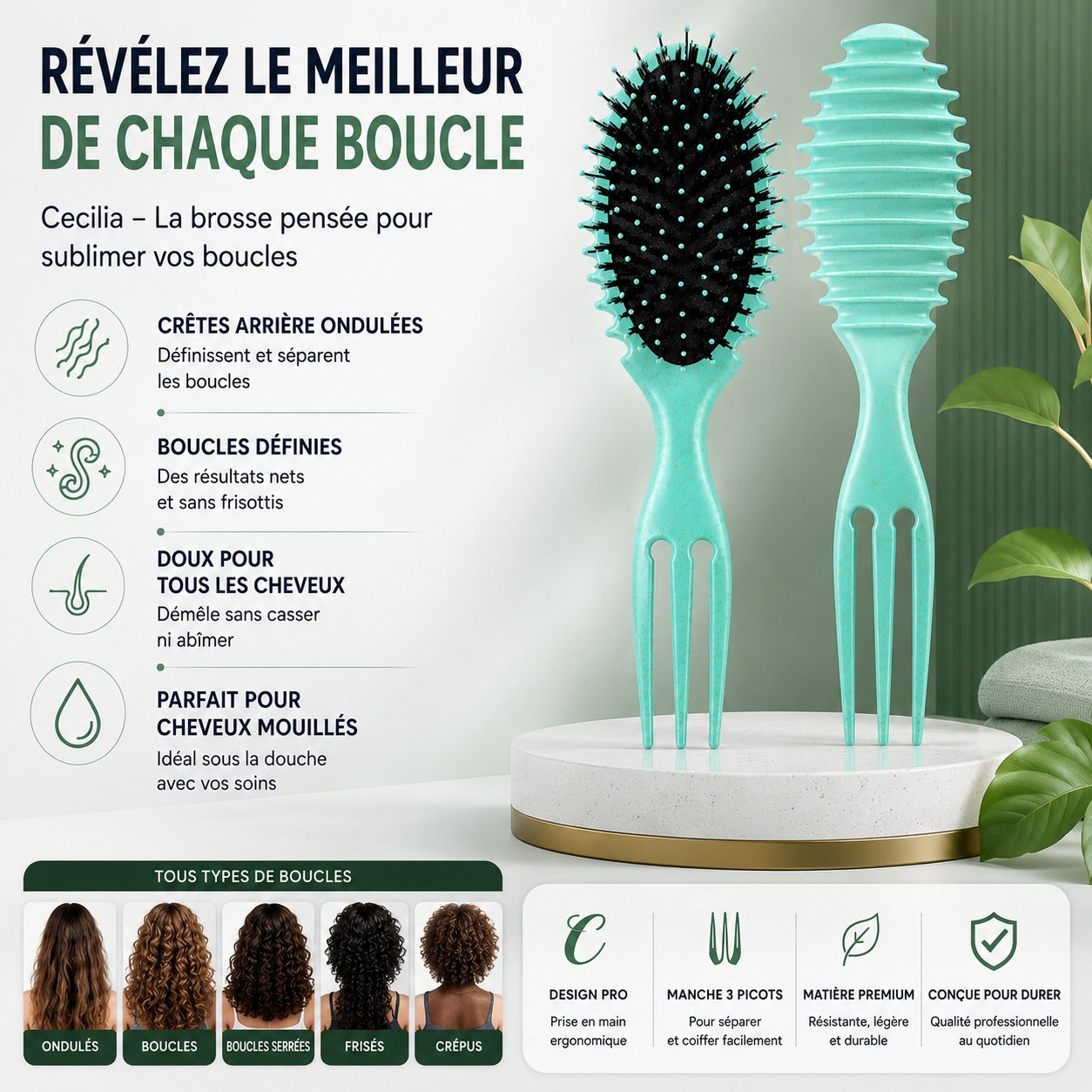 CECILIA - BROSSE CHEVEUX BOUCLES OVALE VERT 2038