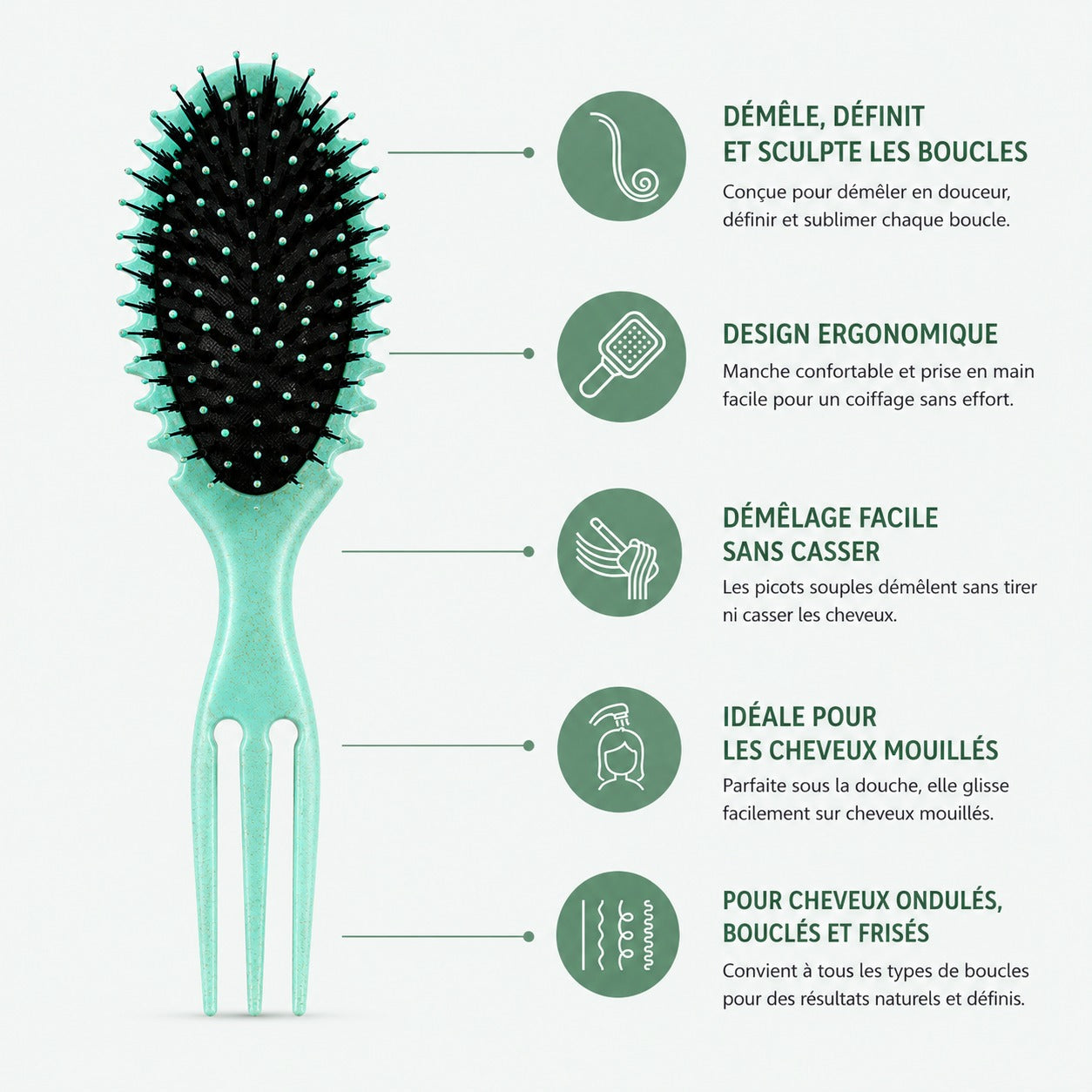 CECILIA - BROSSE CHEVEUX BOUCLES OVALE VERT 2038