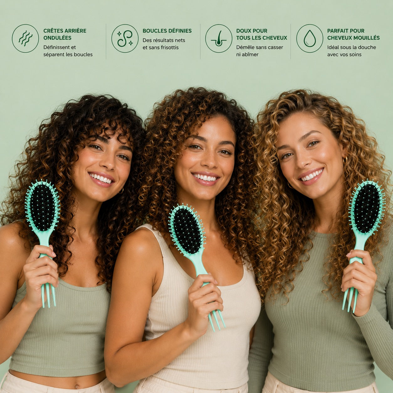 CECILIA - BROSSE CHEVEUX BOUCLES OVALE VERT 2038