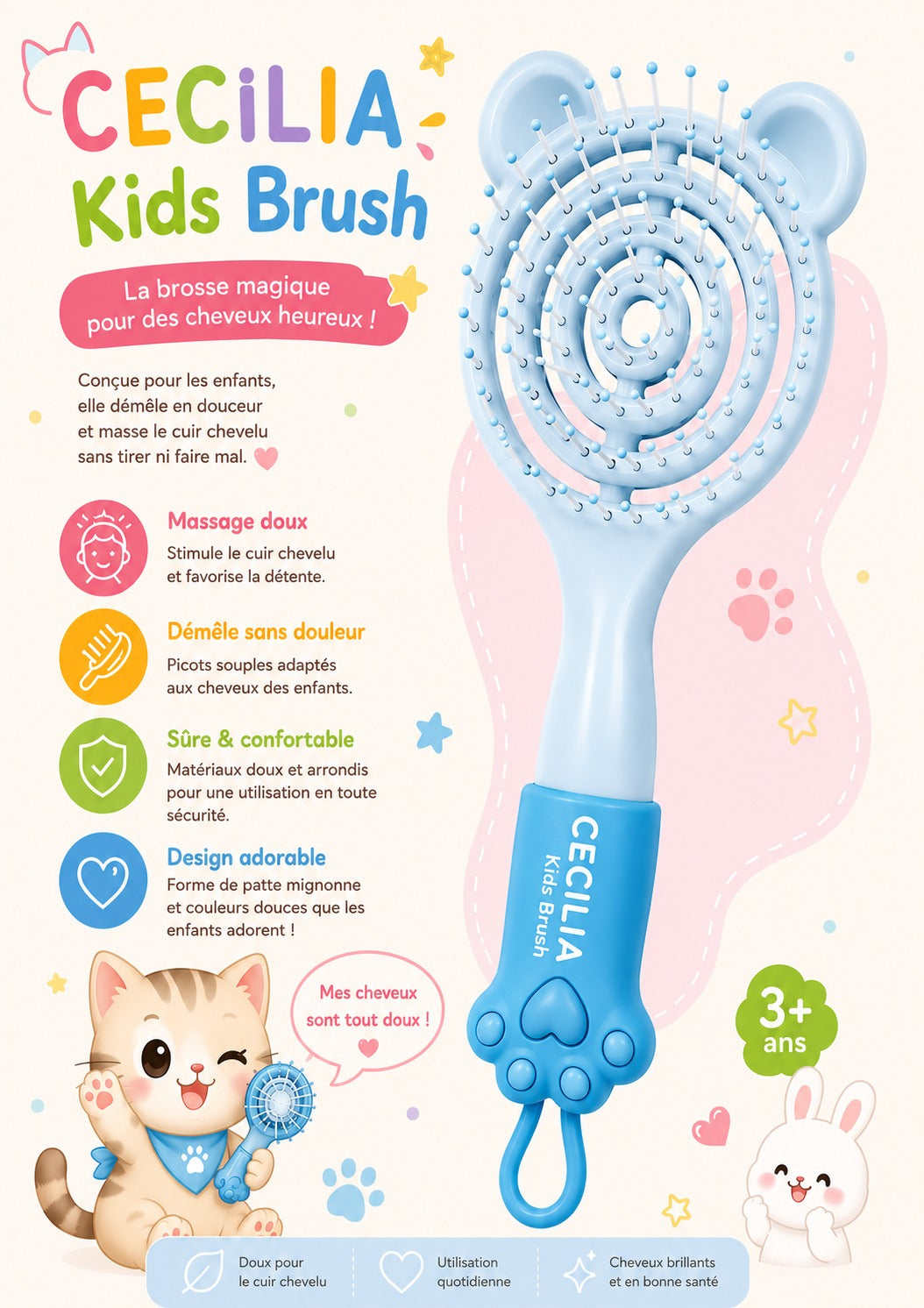 CECILIA - BROSSE CHEVEUX ENFANT ROND BLEU 2057