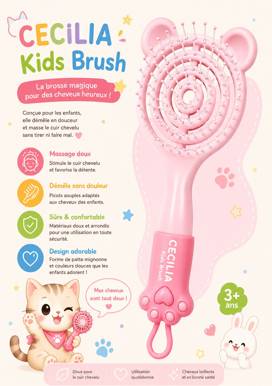 CECILIA - BROSSE CHEVEUX ENFANT ROND ROSE 2057