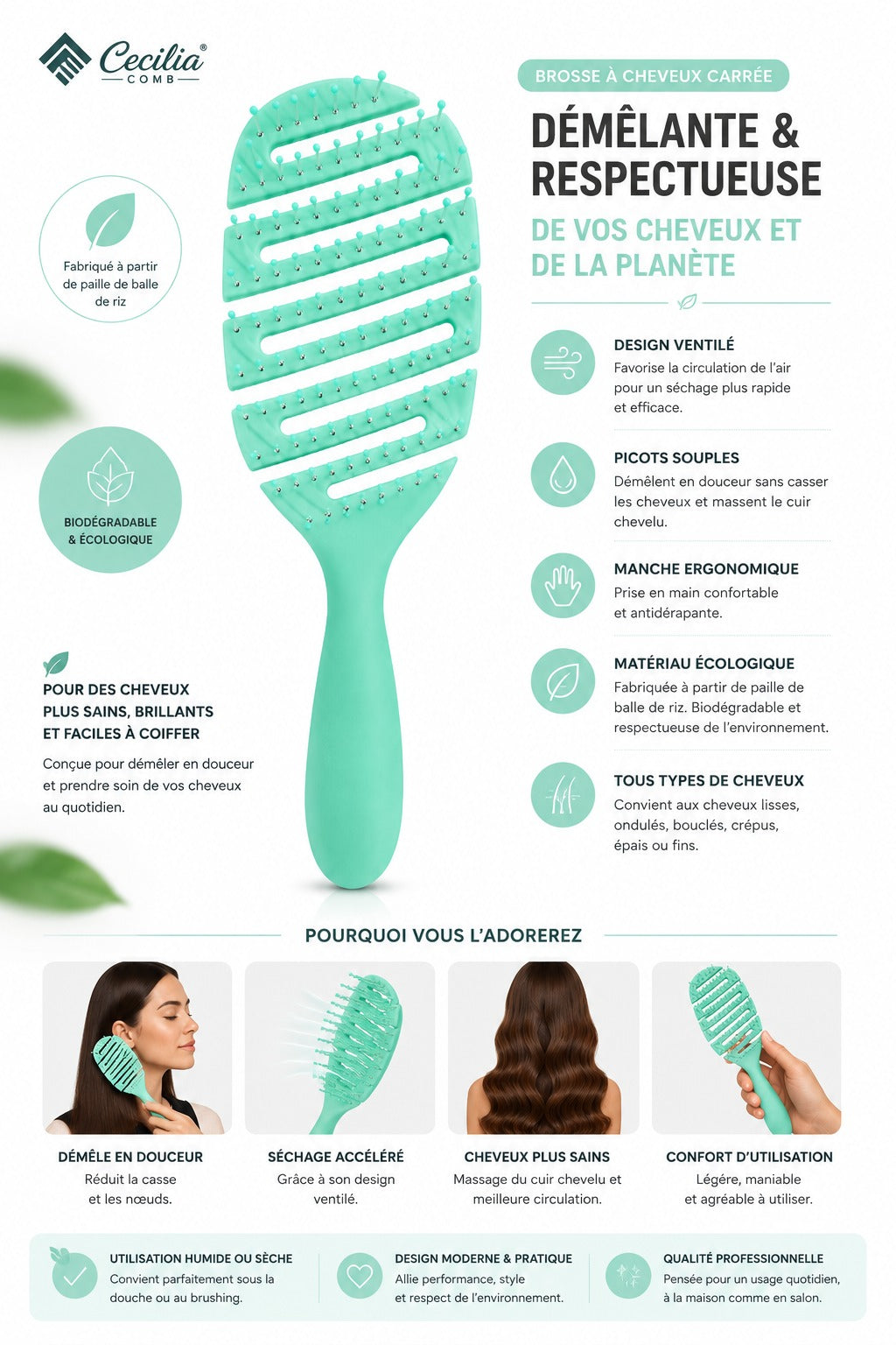 CECILIA - BROSSE CHEVEUX DETANGLER OVALE VERT HH2394